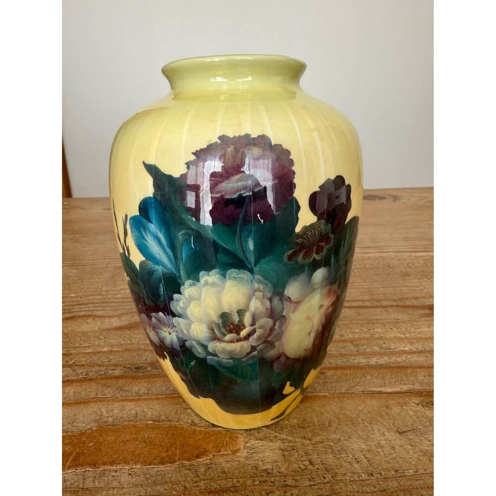 Vase 7” cream Purple Blue Vintage Paper Mache Over Ceramic Floral Roses